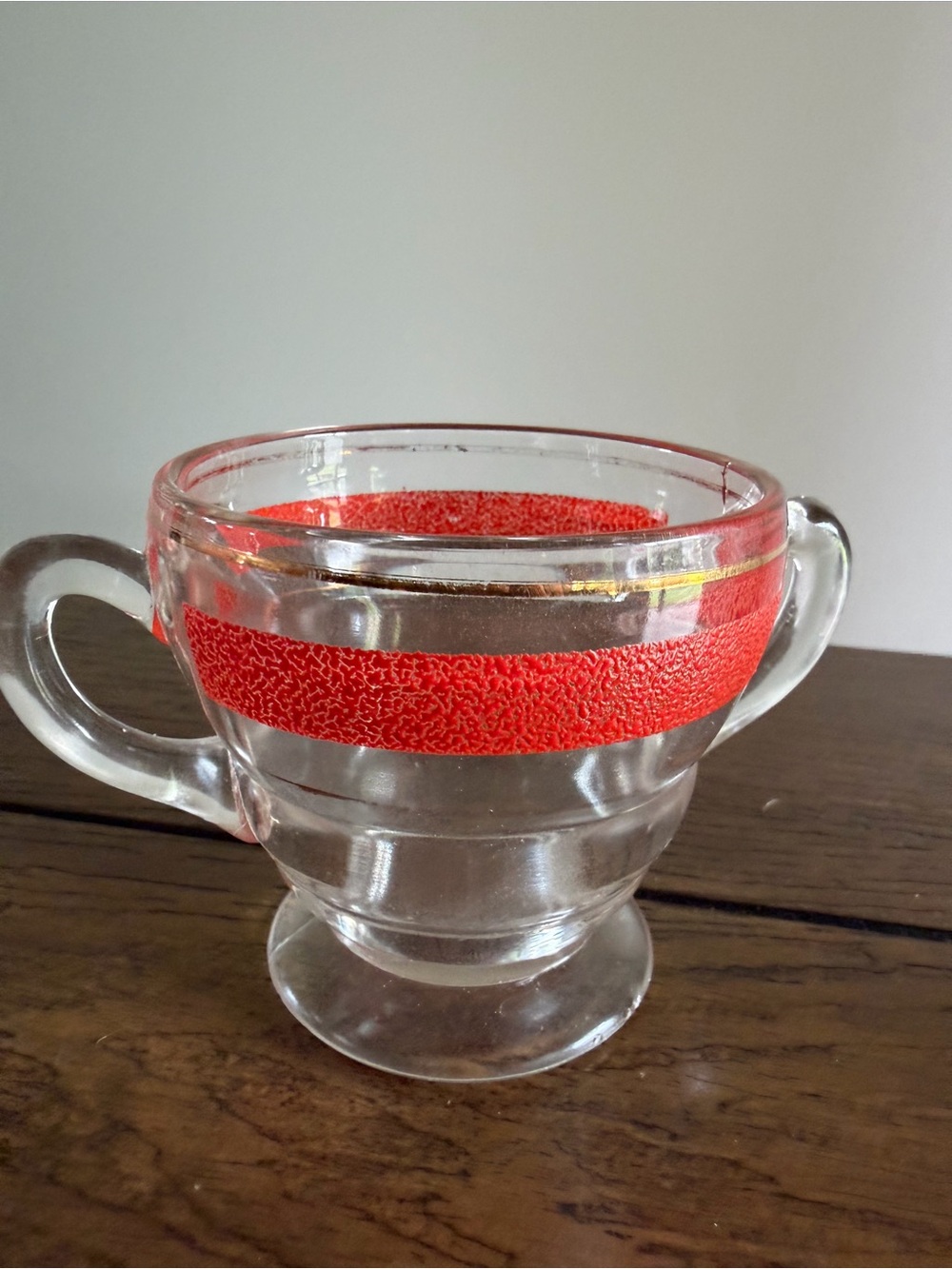 Kent Glass Sugar Bowl & Creamer Set w/ Textured Red Stripe & Gold Band 1950s - Picture 4 of 14